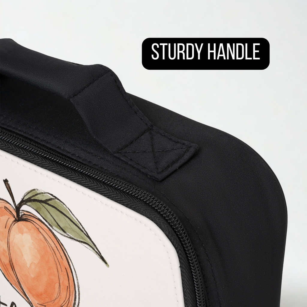 Black lunch bag with a handle and Artful Peach Logo illustration on a white background