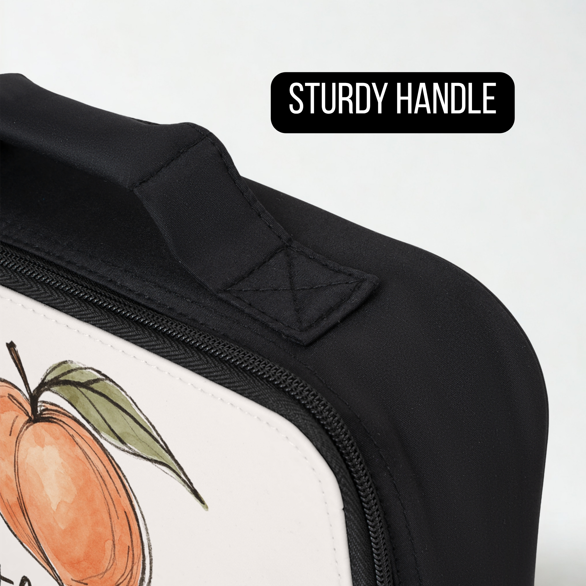 Black lunch bag with a handle and Artful Peach Logo illustration on a white background