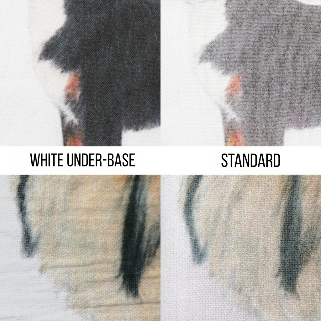 Comparison of white under-base and standard paint application on tea towel fabric.