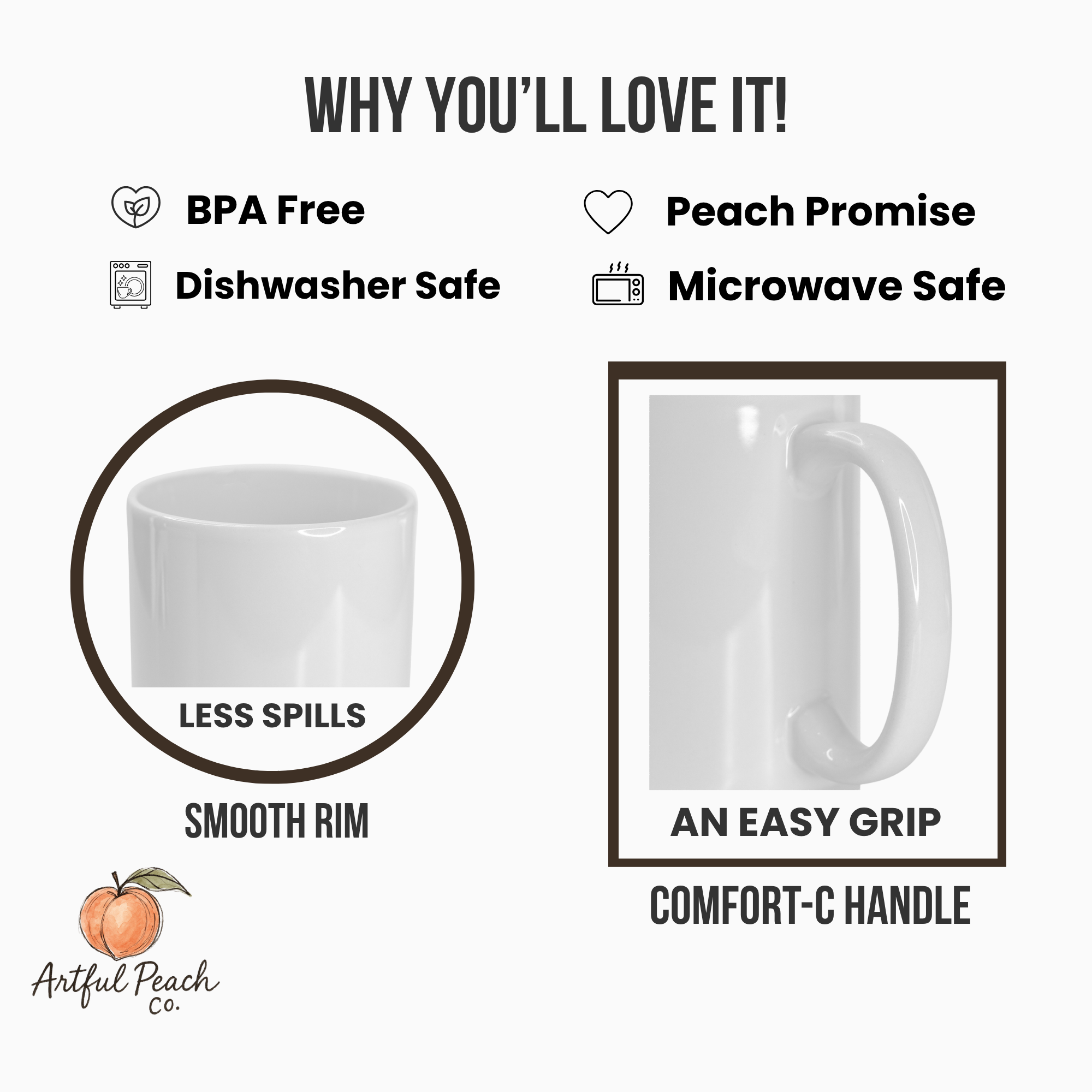 Product features of a white mug with text highlighting its benefits on a white background.