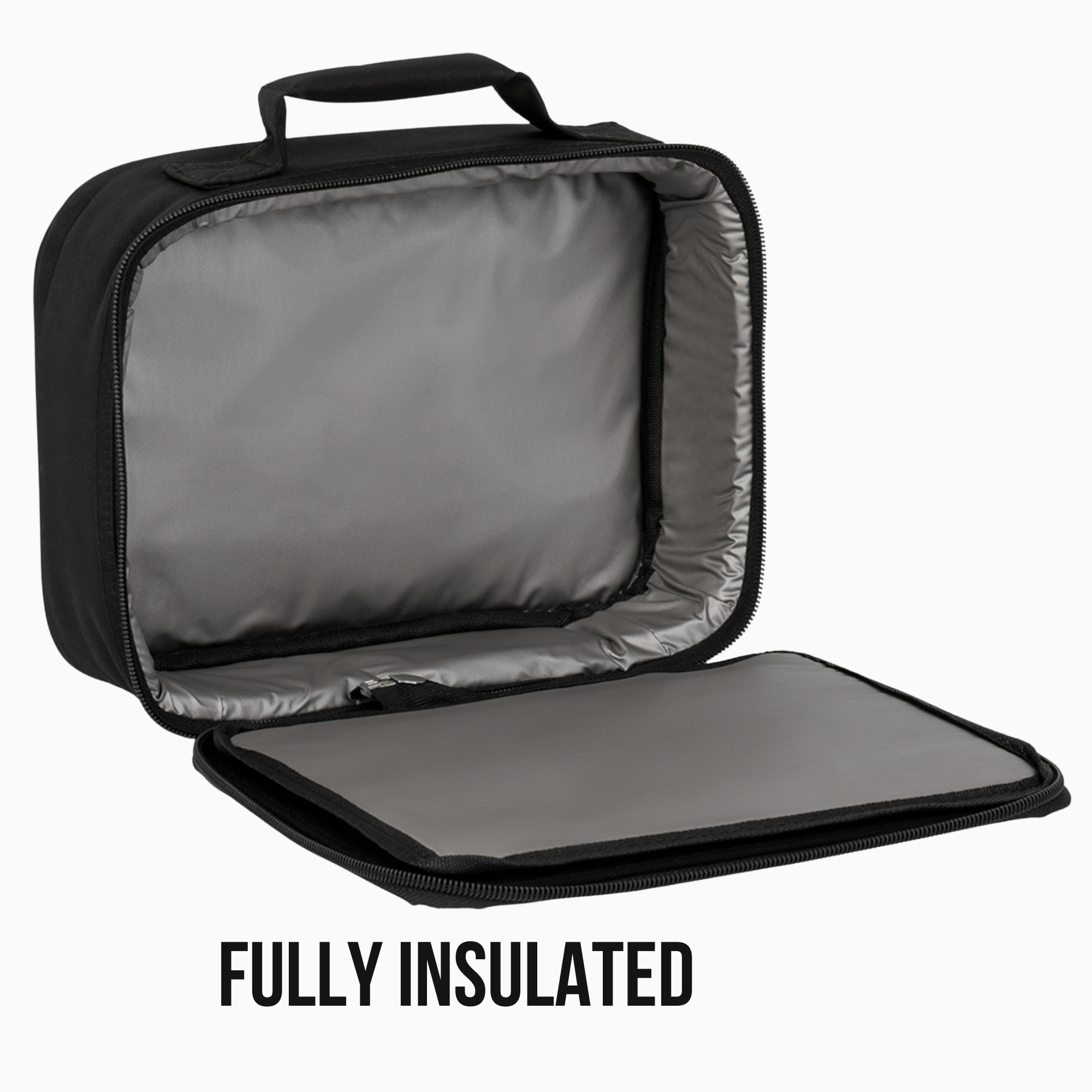 Black insulated lunch bag with open lid showing gray PVC interior on a white background.
