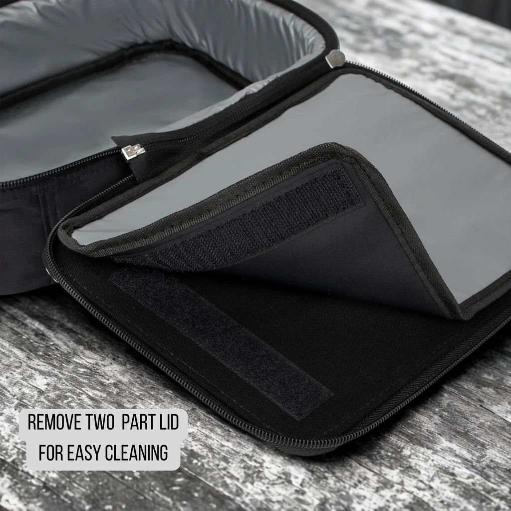 Black insulated lunch bag with two-part lid on a wooden surface