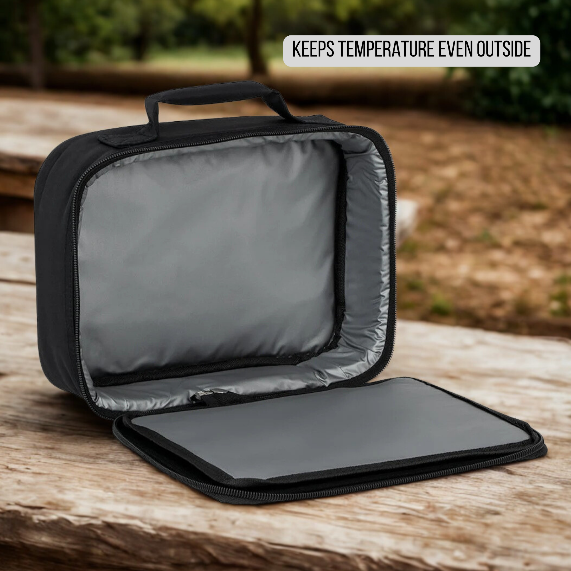 Black insulated lunch bag on a wooden surface with text 'Keeps temperature even outside'.