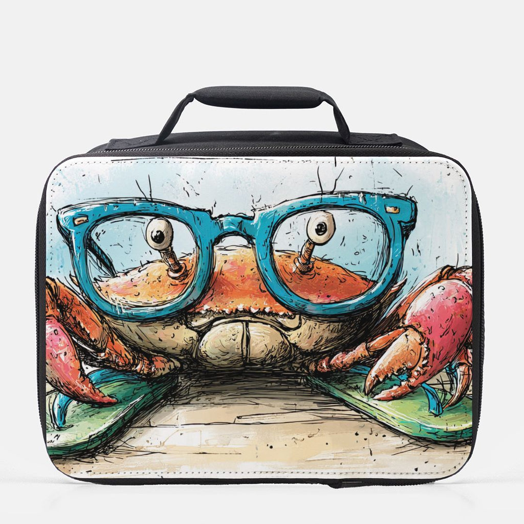  insulated lunch bag with a crab wearing glasses and flip flops design
