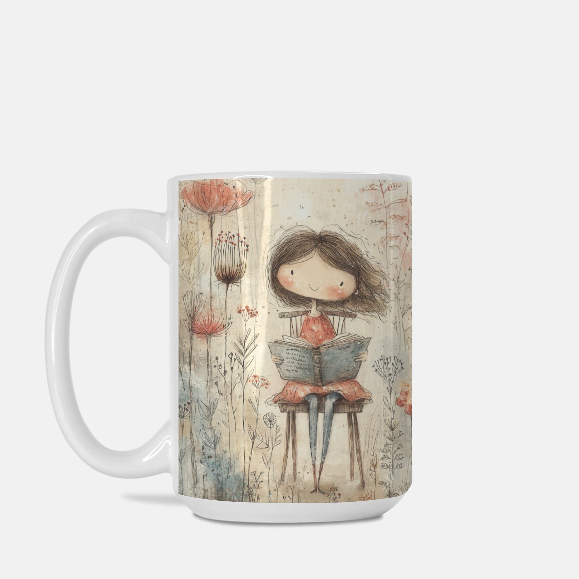 Mug with a design of a girl reading a book surrounded by flowers on a beige background