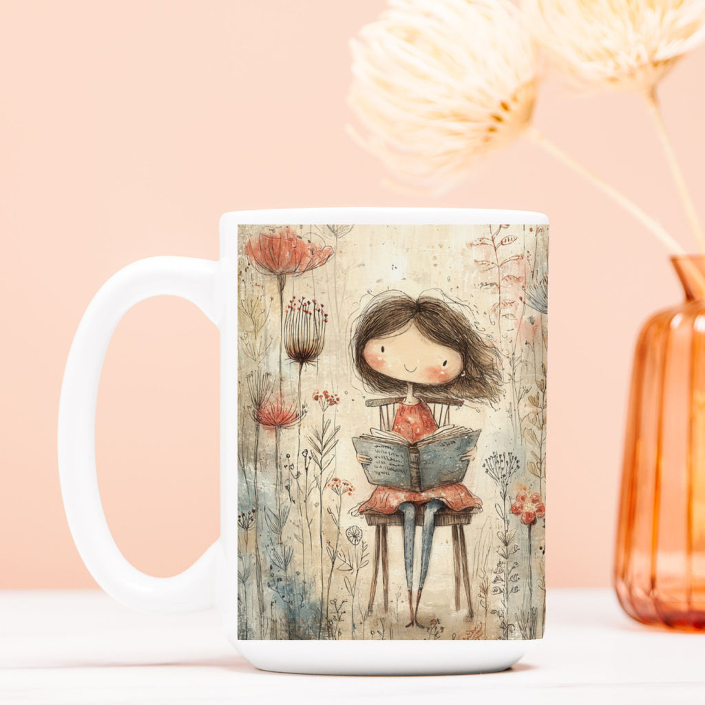 Mug with a design of a girl reading a book among flowers on a peach background