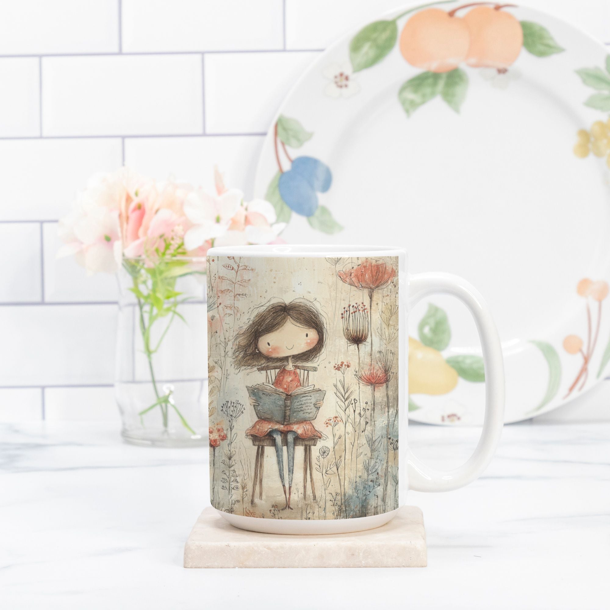 Mug with a design of a girl reading a book, placed on a marble surface with a floral plate in the background.