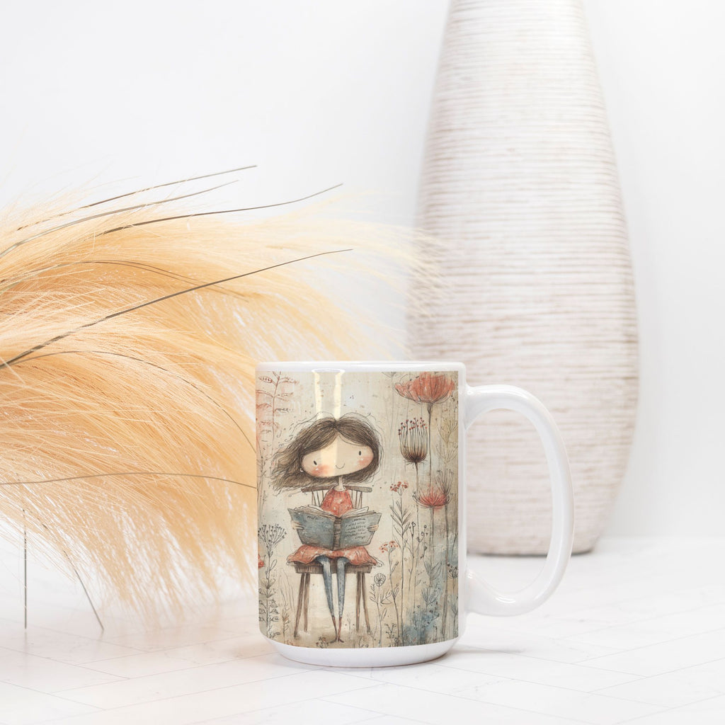 Mug with a design of a girl reading a book, placed on a surface with decorative elements.