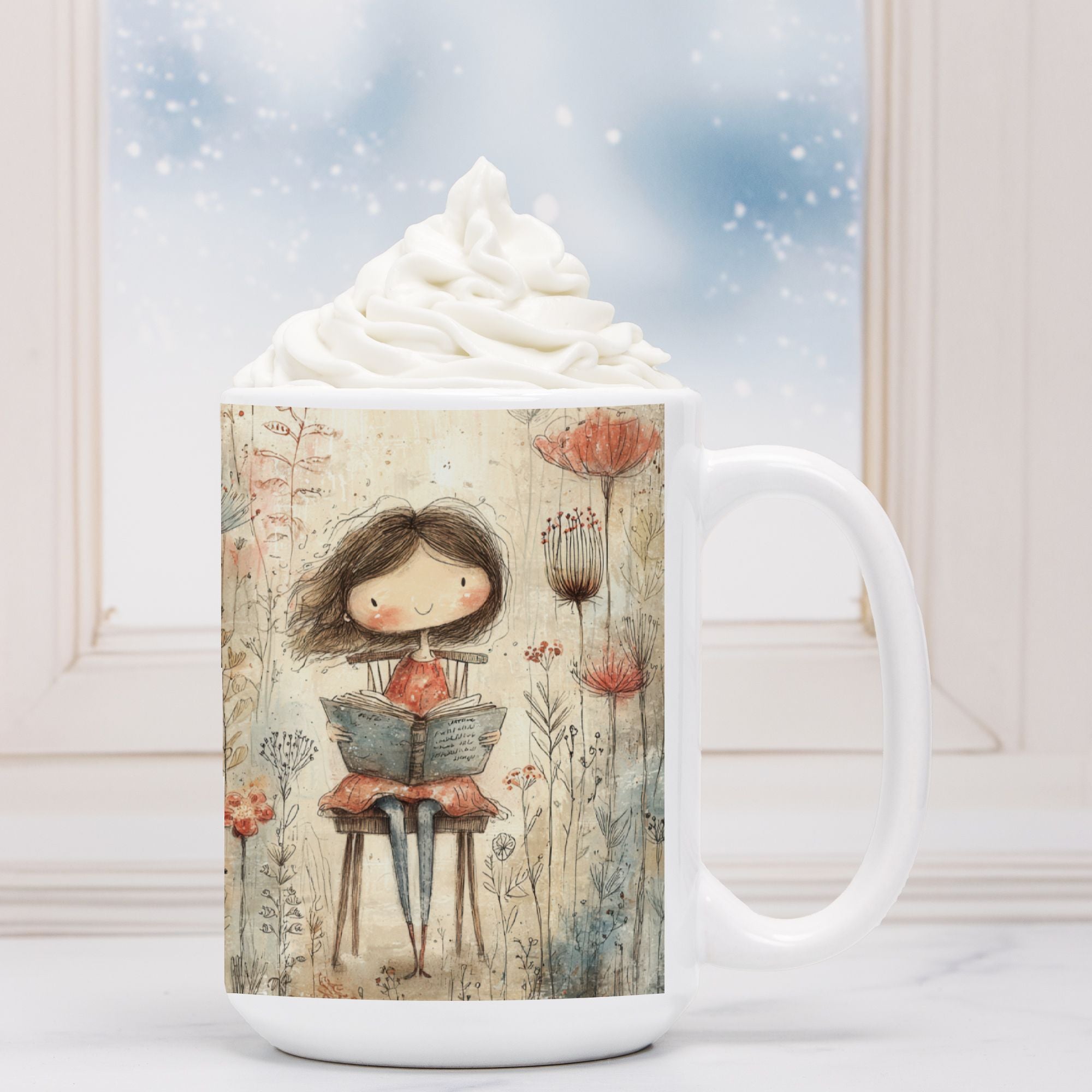 White mug with a decorative design of a girl reading a book in a garden, filled with whipped cream.