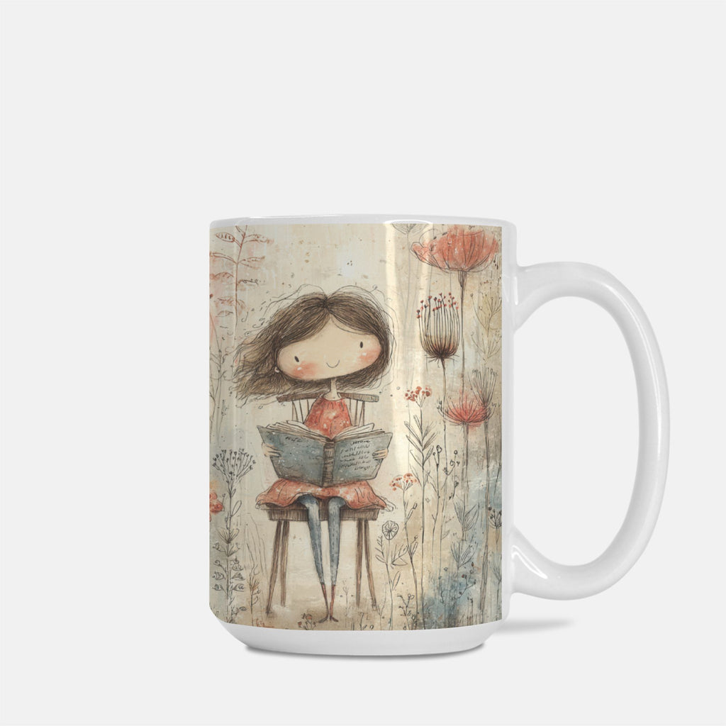 Mug with a design of a girl reading a book in a garden on a beige background