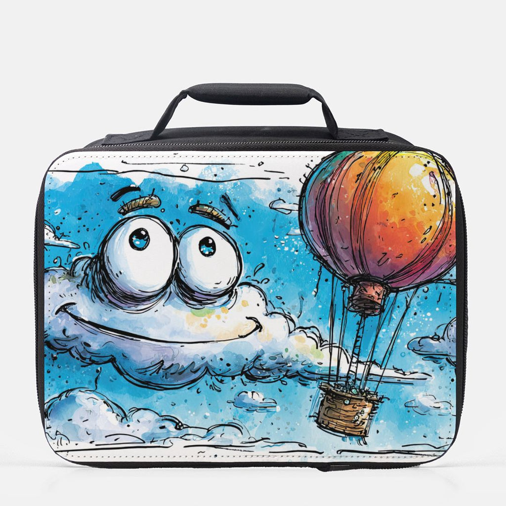  insulated lunch bag with cartoon design of a smiling cloud and hot air balloon