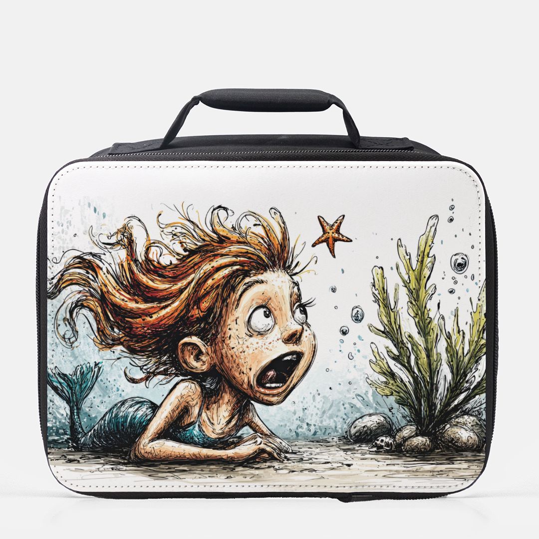 lunch bag with an underwater scene design featuring a mermaid with long hair , starfish, and seaweed
