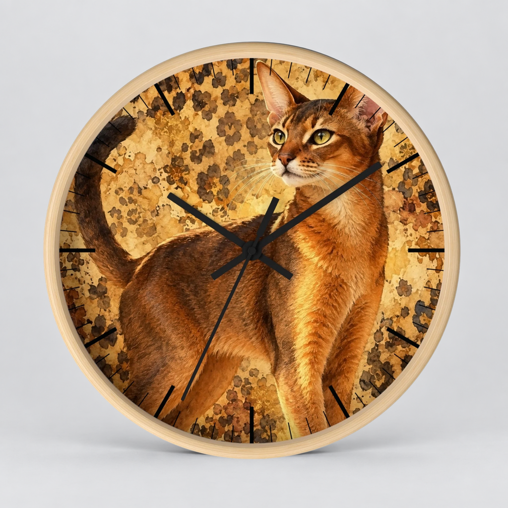 Cheetah Print Abyssinian Cat Wood Wall Clock