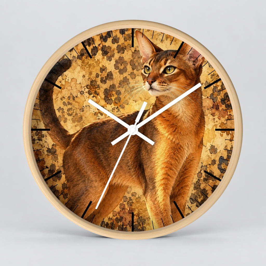 Cheetah Print Abyssinian Cat Wood Wall Clock