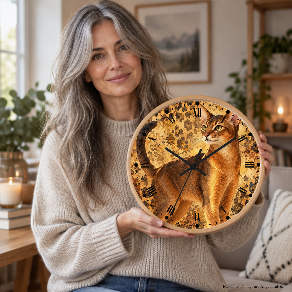 A woman with long gray hair holds a round wooden wall clock featuring a detailed illustration of an Abyssinian cat on a leopard-print background. She is wearing a beige knit sweater in a cozy, warmly lit living room setting.