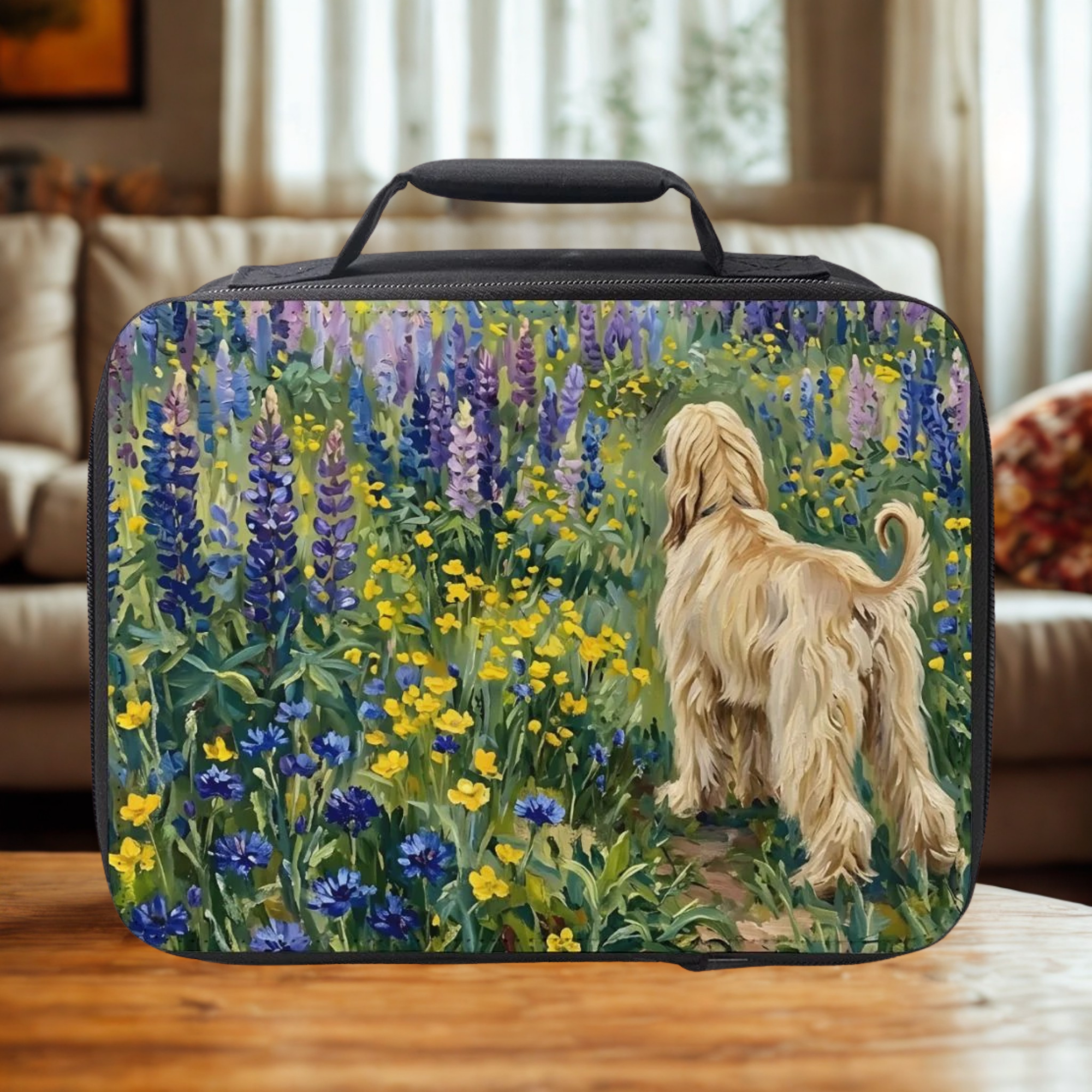  insulated lunch bag with a dog and floral design on a wooden table in a cozy living room.