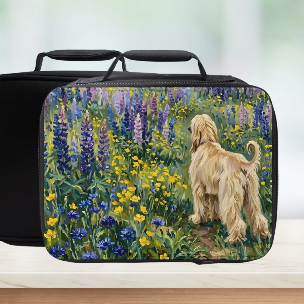 Insulated lunch bag with an Afghan Hound dog and floral design on a white background