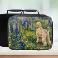 Insulated lunch bag with an Afghan Hound dog and floral design on a white background