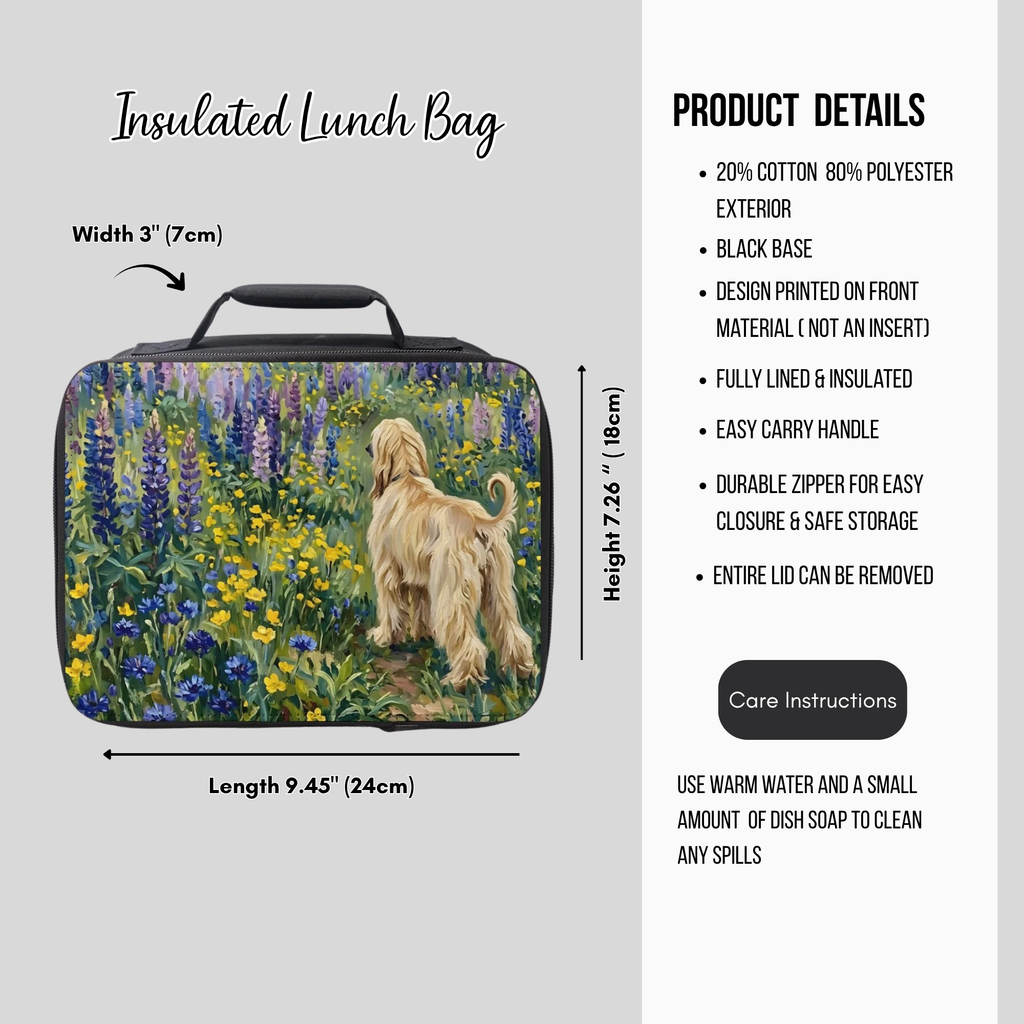 Insulated lunch bag with a dog and flowers design, featuring product details on a gray background.