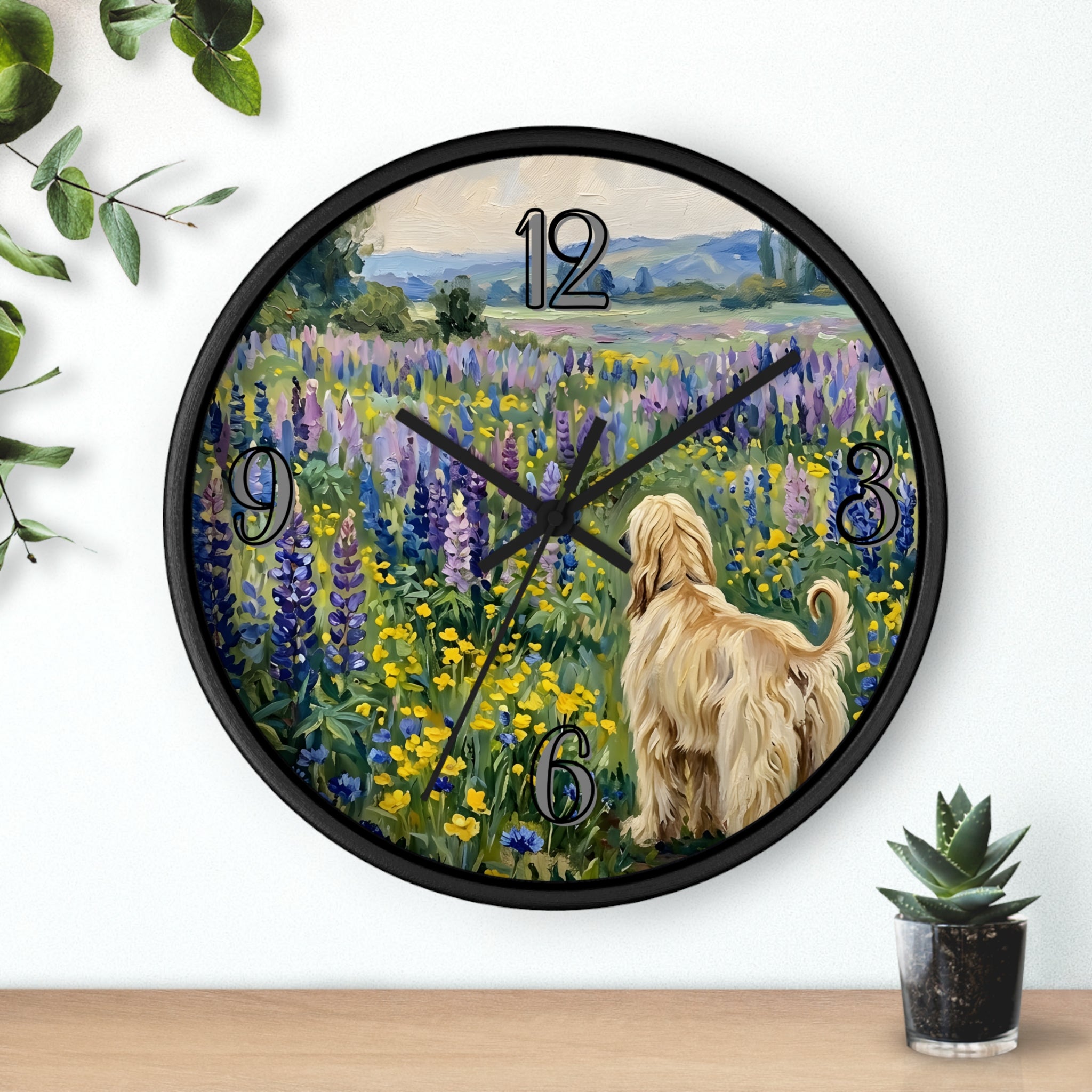 Wall clock with an Afghan Hound dog and floral design on a white background