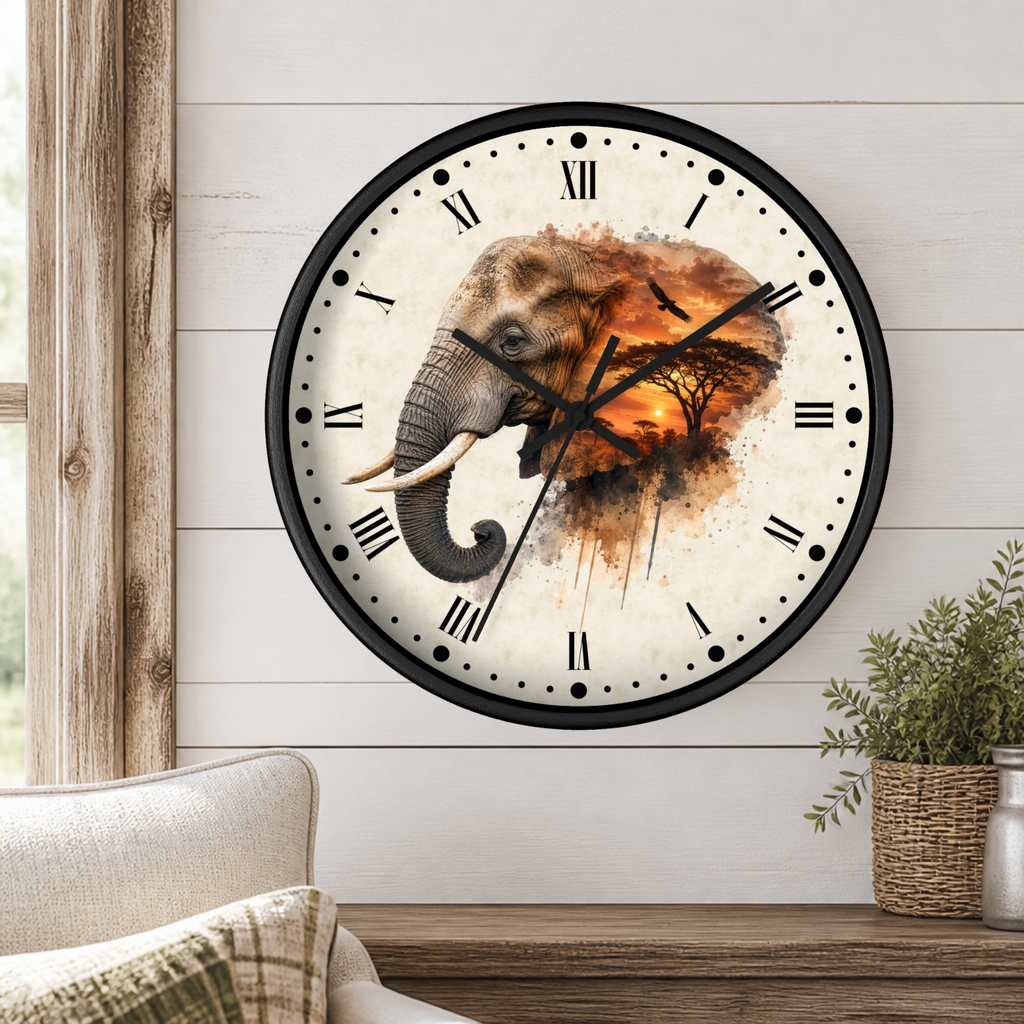 A round wall clock with a black frame and a watercolor-style elephant design in earthy brown, beige, and orange tones, mounted on a white shiplap wall above a wooden console table with a plant and part of a sofa visible.