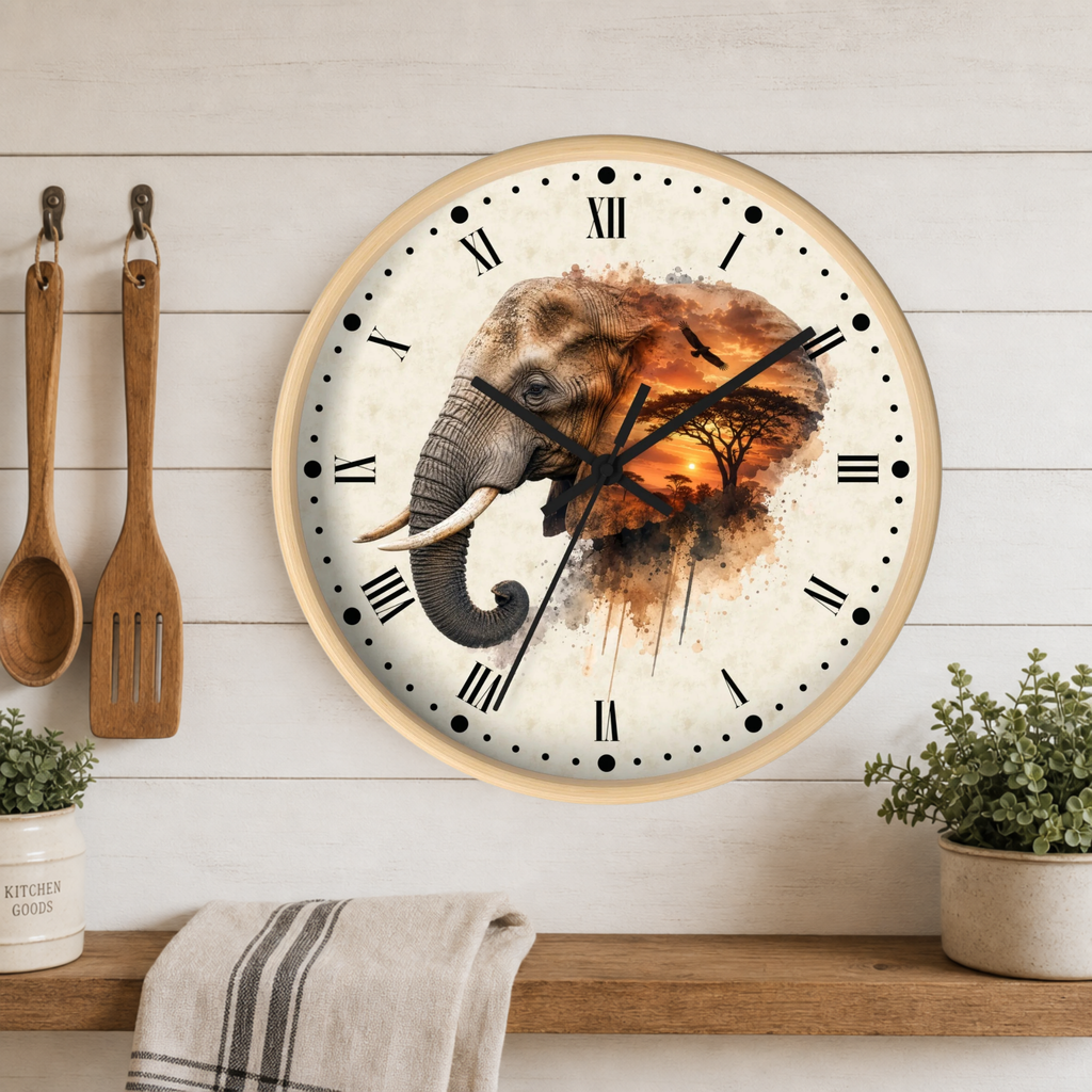Round wall clock with a light wood frame and a printed elephant and savanna landscape design, hanging on a white wood plank wall above a shelf with plants and kitchen utensils.