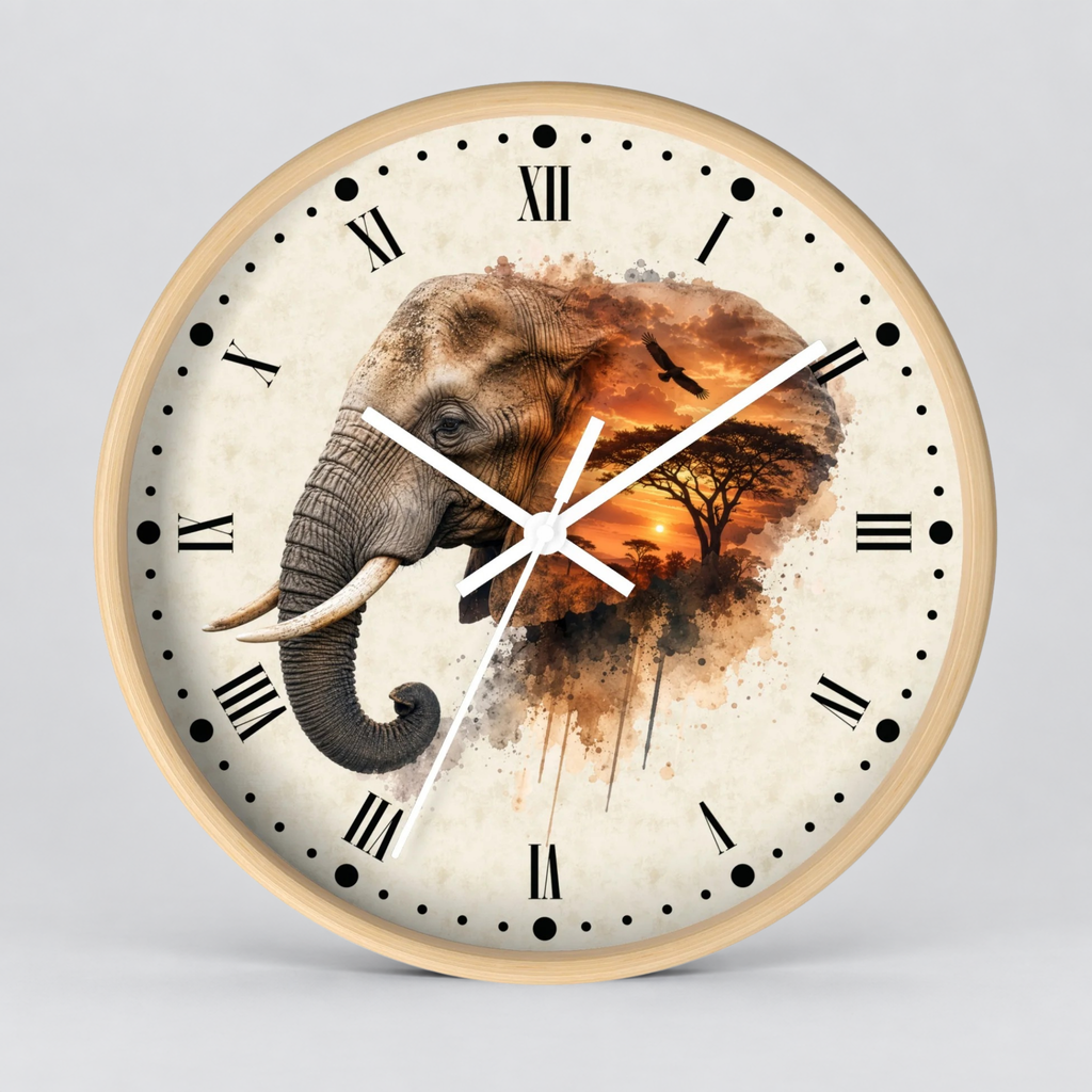 A round wall clock with a light wood frame and a cream-colored face featuring a watercolor-style elephant and warm-toned sunset scene. The clock has black Roman numerals and white hands against a light gray background.