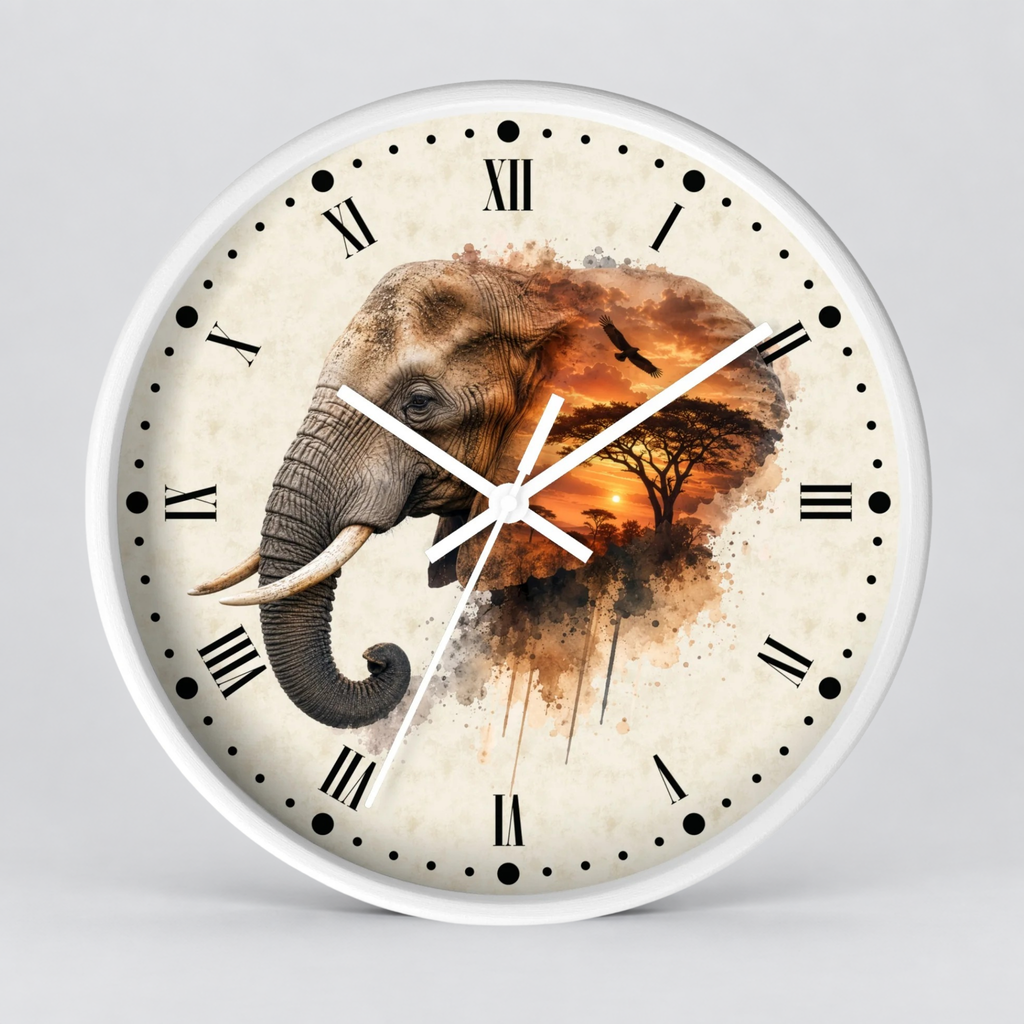 A round wall clock with a white frame and a cream-colored face featuring a watercolor-style elephant and warm-toned landscape artwork, with black Roman numerals and white hands, shown on a light gray background.