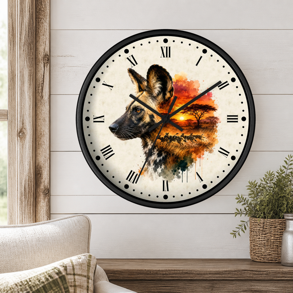 A round wall clock with a black frame and a watercolor-style African wild dog portrait on the face, mounted on a white shiplap wall above a wooden table with a plant and part of a sofa visible.