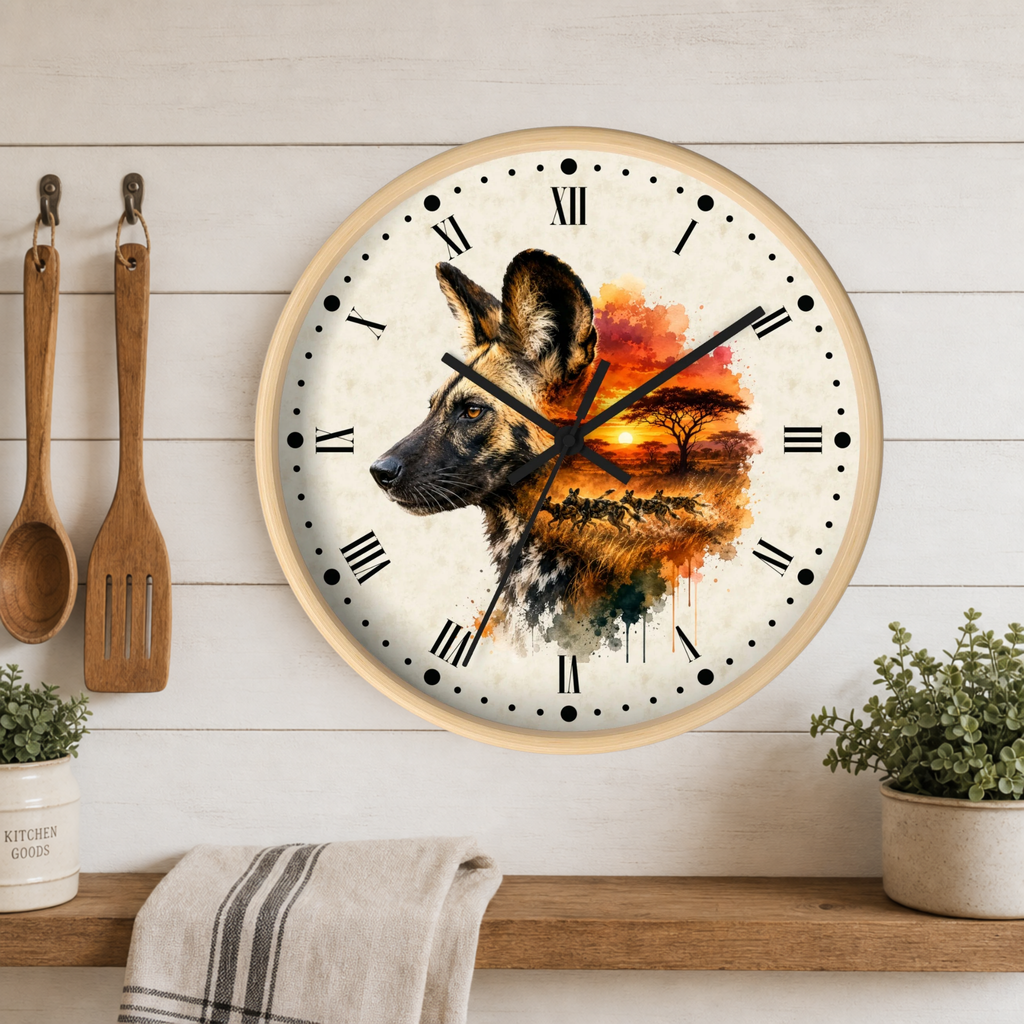 A round wall clock with a light wood frame hangs on a white wood-paneled wall above a shelf. The clock face features a watercolor-style illustration of an African wild dog in profile with a sunset landscape and acacia tree in warm orange, yellow, and brown tones.