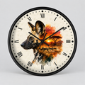 A round wall clock with a black frame and a cream-colored face featuring a watercolor-style illustration of a wild dog over an African savanna sunset scene. The clock has black Roman numerals and black clock hands.