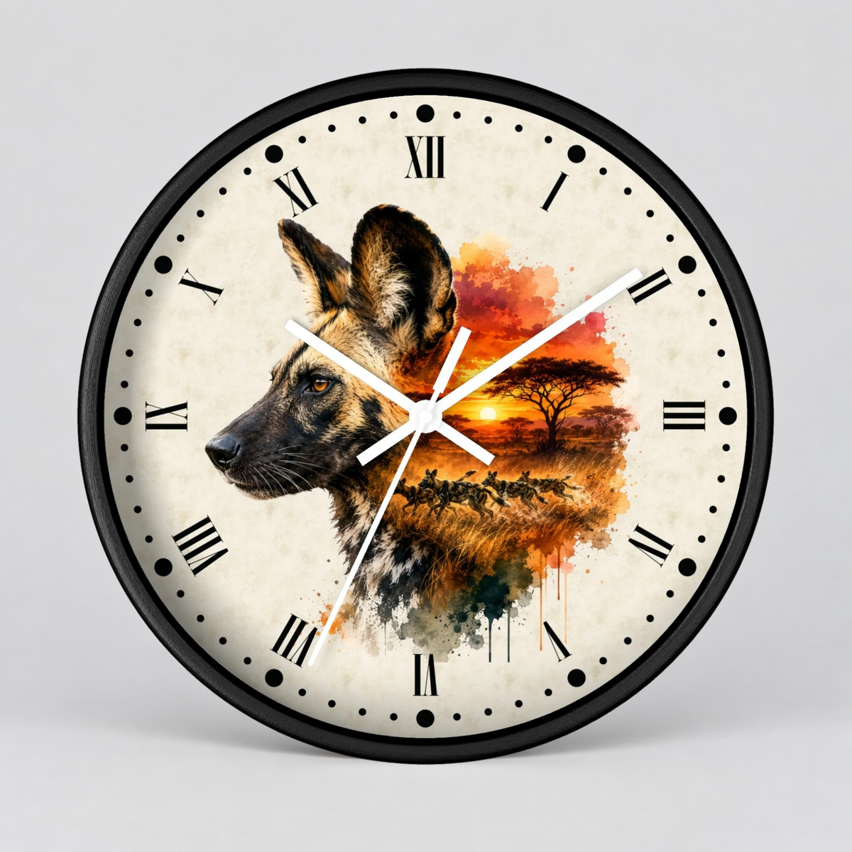A round wall clock with a black frame and Roman numeral hour markers, featuring a watercolor-style illustration of a dog's head merging into an African savanna sunset scene on the clock face, shown against a light gray background.