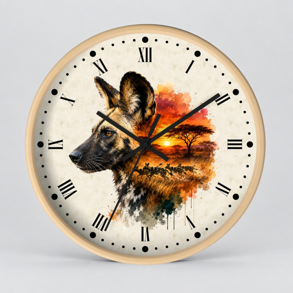 Round wall clock with a light wood frame and a cream-colored face featuring a watercolor-style wild dog portrait blending into an African savanna sunset scene with black Roman numerals and black clock hands.