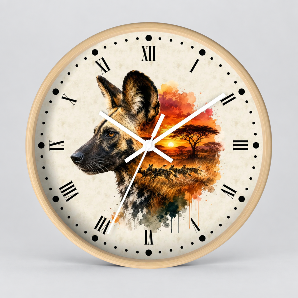 A round wall clock with a light wood frame and a cream-colored face featuring a watercolor-style illustration of a African wild dog in profile, blending into an African savanna sunset scene with a tree and birds. The clock has black Roman numerals and white hands against a neutral light gray background.