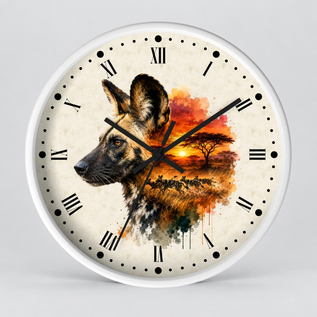 A round wall clock with a white frame and a cream-colored face featuring a watercolor-style African wild dog portrait over an African savanna sunset scene with orange, yellow, and brown tones. Black Roman numerals and black clock hands are visible on the front.