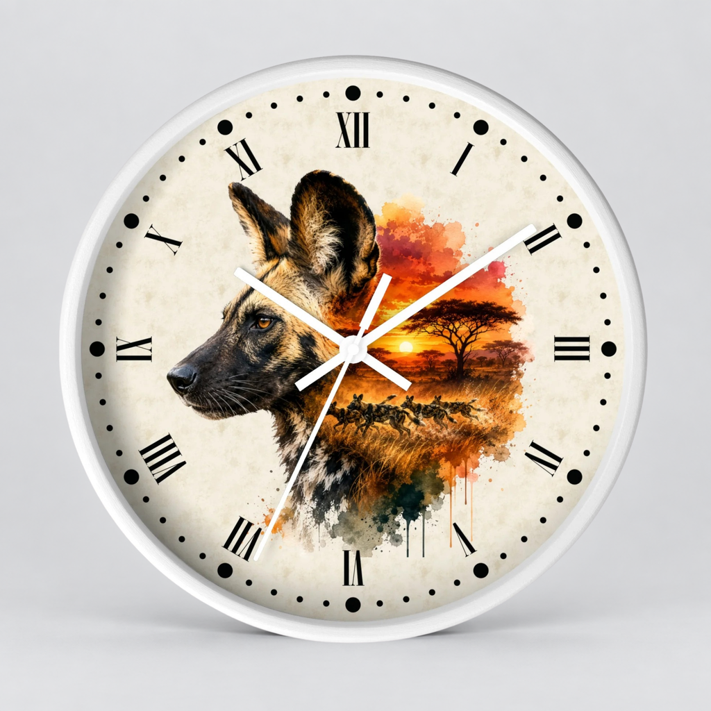 A round wall clock with a white frame and a printed animal portrait design. The clock face shows a wild dog in profile over a watercolor-style savanna sunset scene with trees and birds, using black Roman numerals for hour markers on a light cream background.