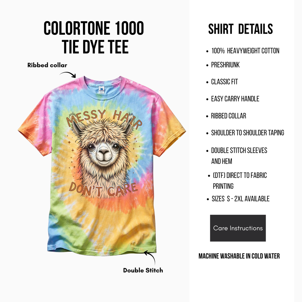 Tie-dye t-shirt with llama graphic and product details on a white background