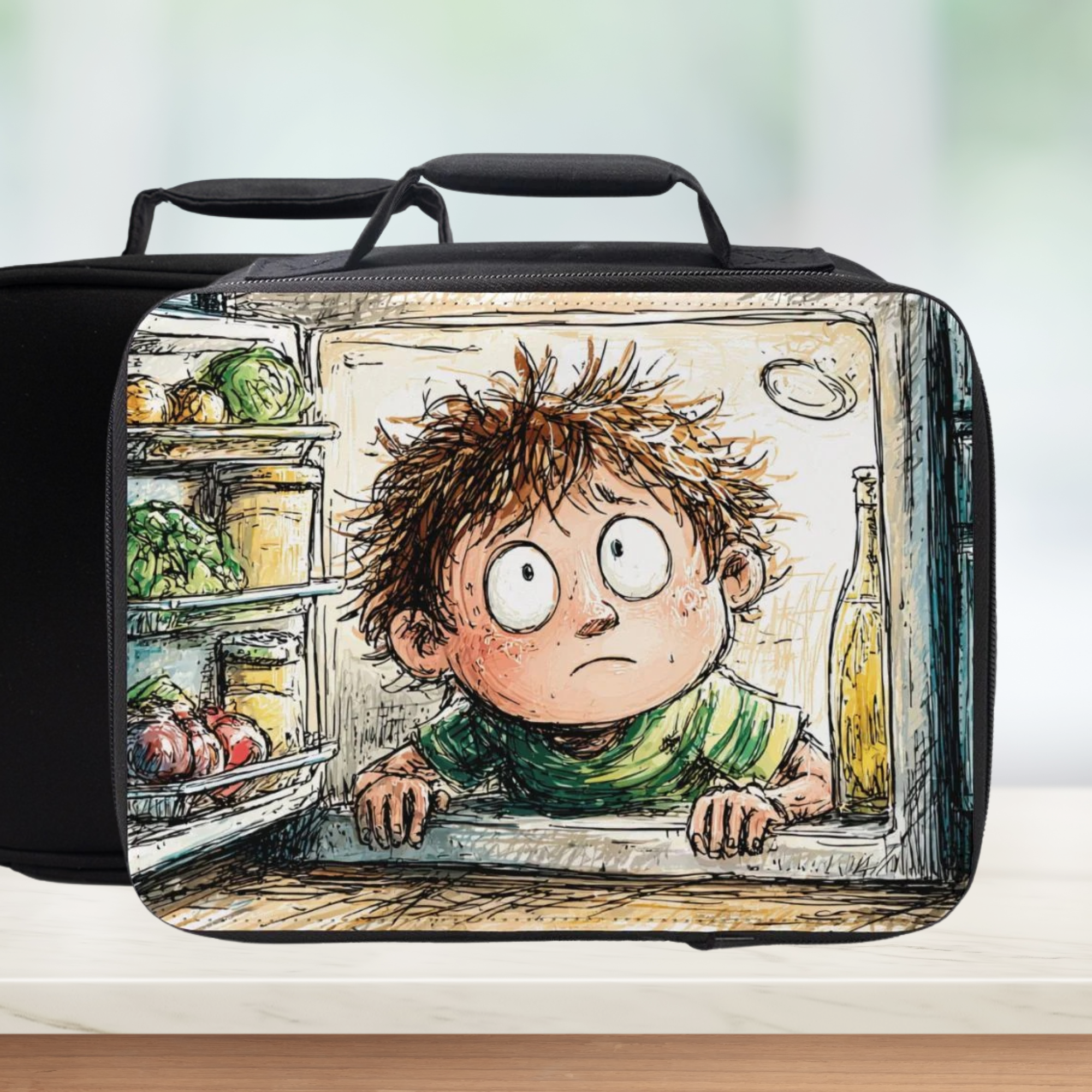 Lunch bag with a cartoon design of a boy looking out of an open refrigerator.
