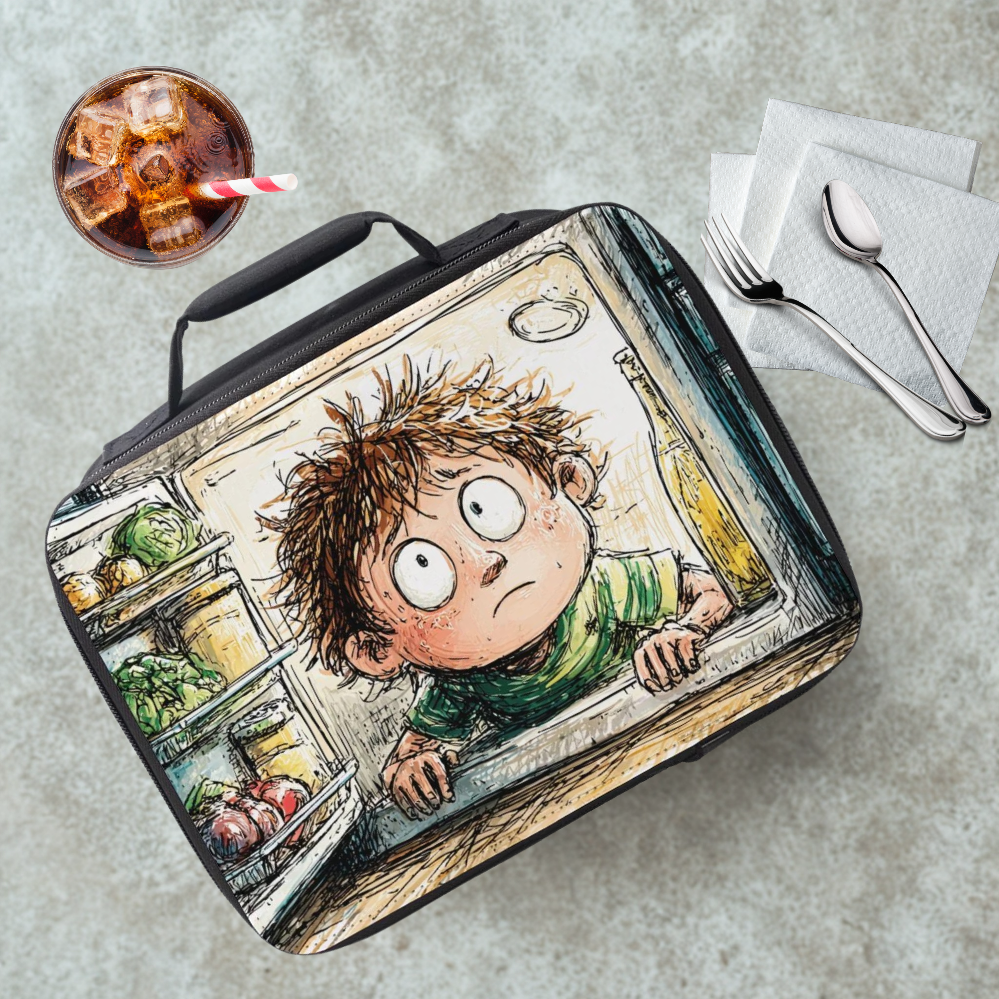 Lunch bag with a cartoon design of a child looking out of a refrigerator, accompanied by a drink and utensils on a table.