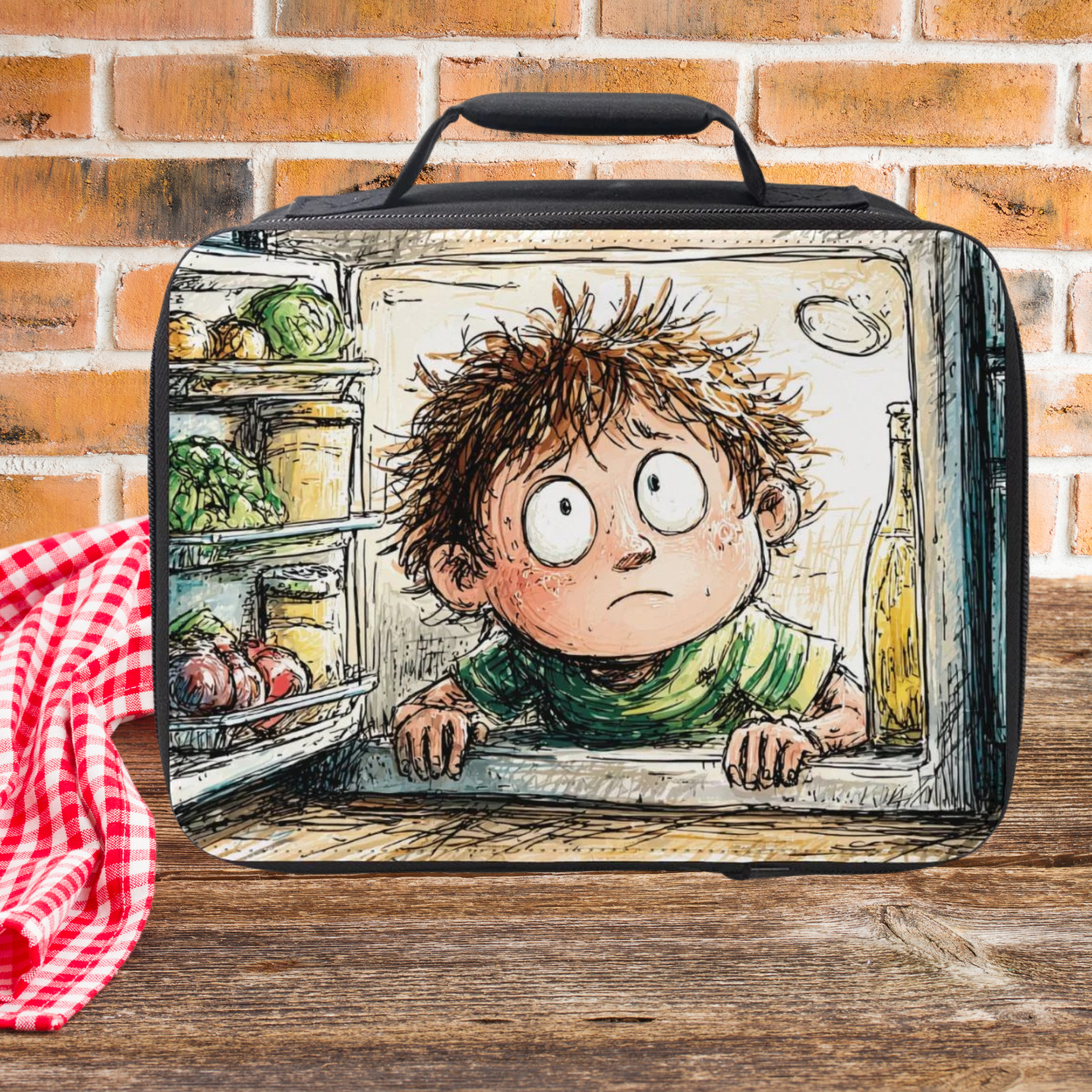 Lunch bag with a cartoon design of a boy looking out of an open refrigerator on a picnic table against a brick wall background