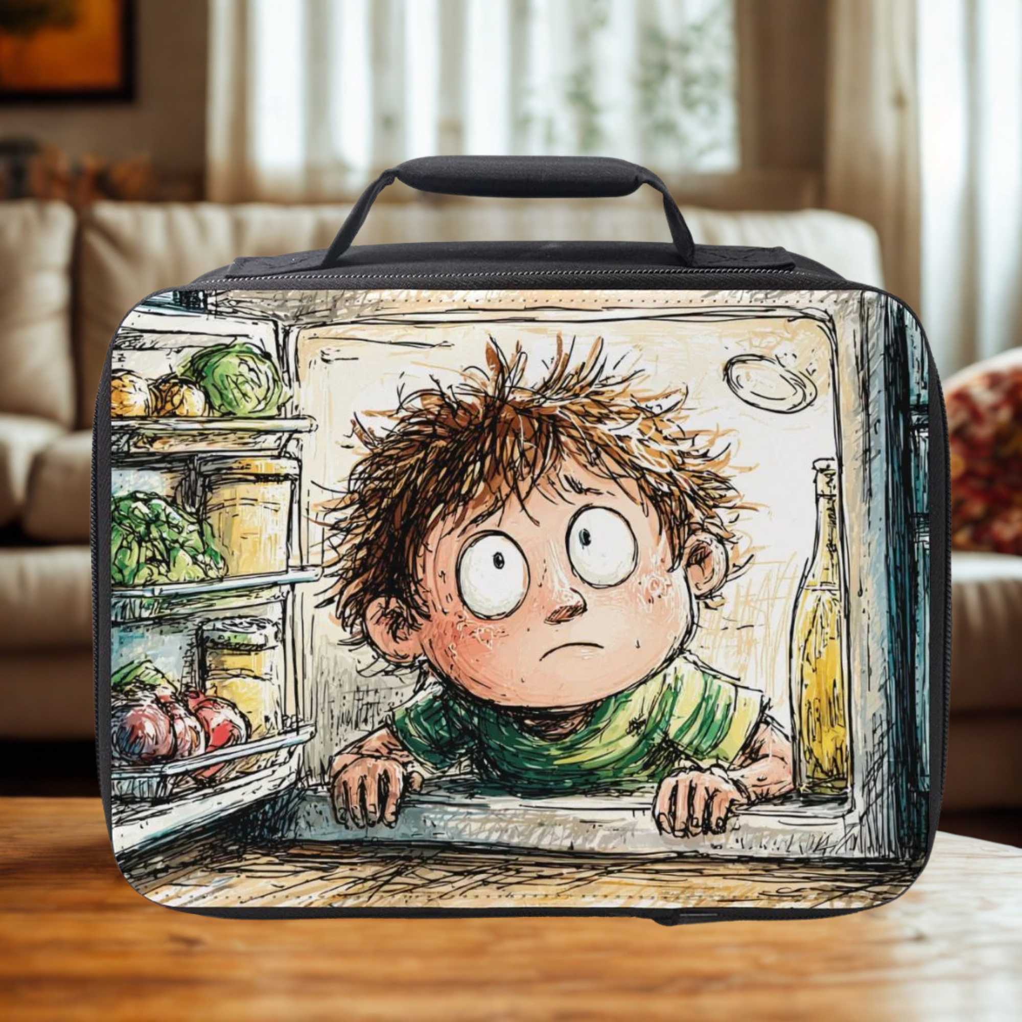 Lunch bag with a cartoon design of a boy looking out of an open refrigerator on a wooden table in a living room