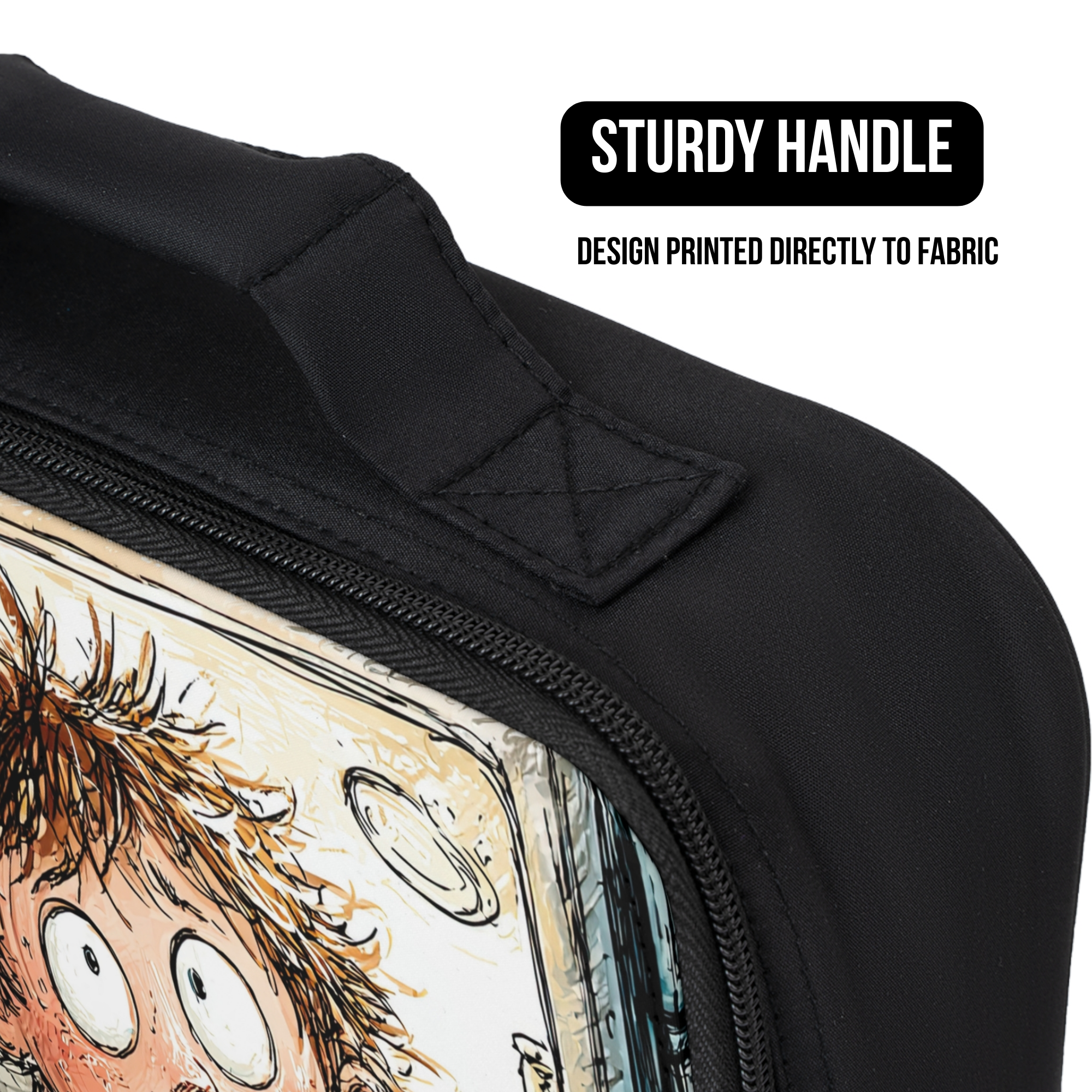 Black lunch bag with a printed design of a character with wide eyes and a 'Sturdy Handle' label.