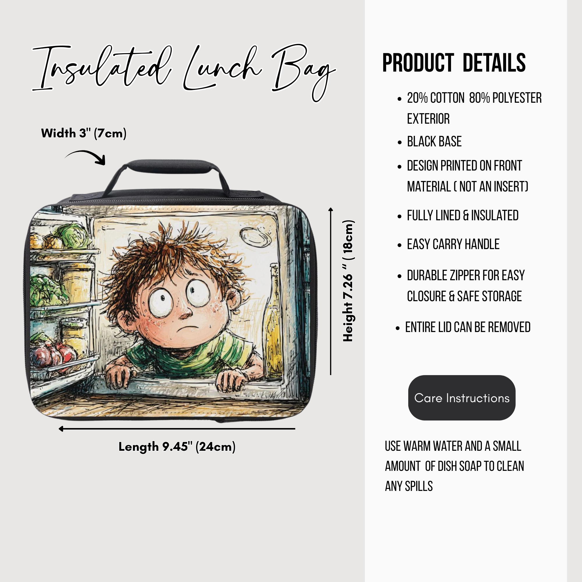 Insulated lunch bag with cartoon design and product details on a white background