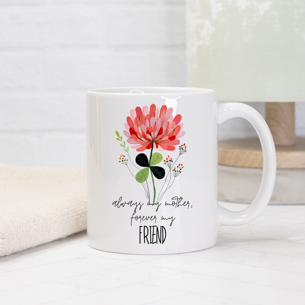 11oz white mug with floral design and text on a light background