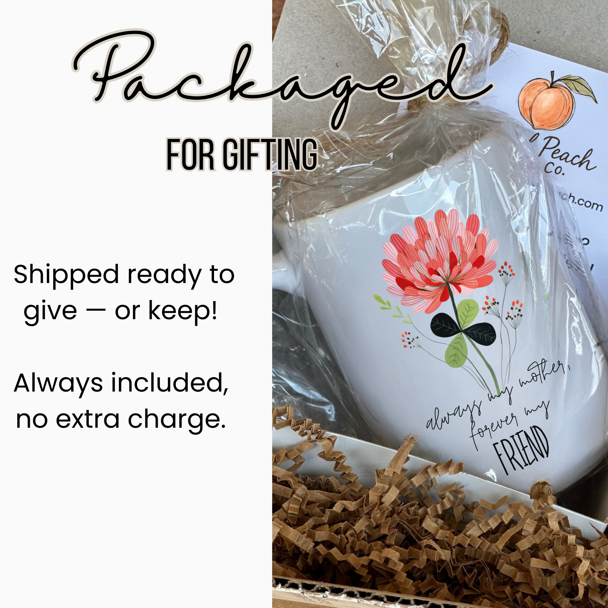 White mug with floral design and text, wrapped in clear plastic tied with twine inside a white gift box with brown paper underneath.