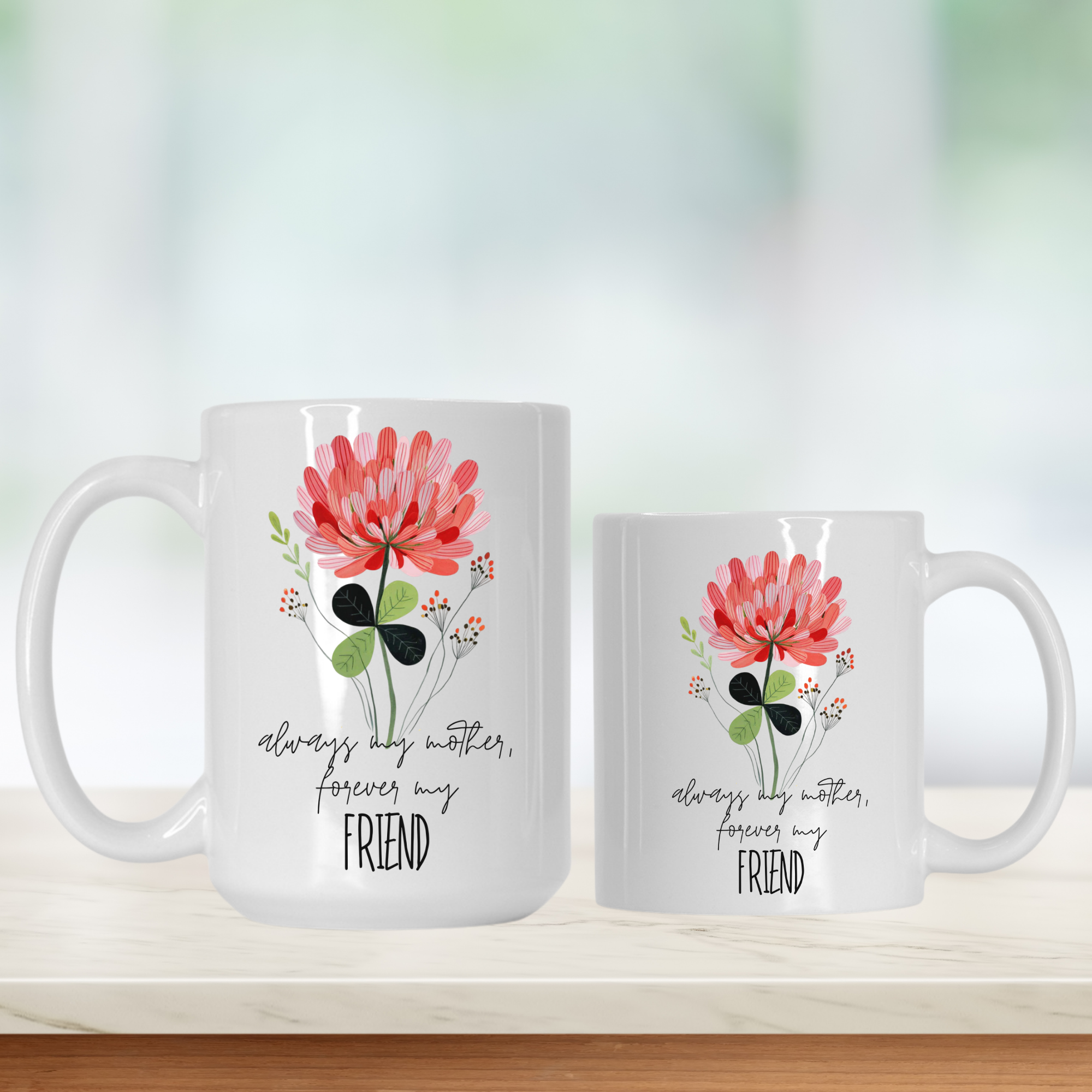 15oz & 11oz white mugs with floral designs and text on a light background