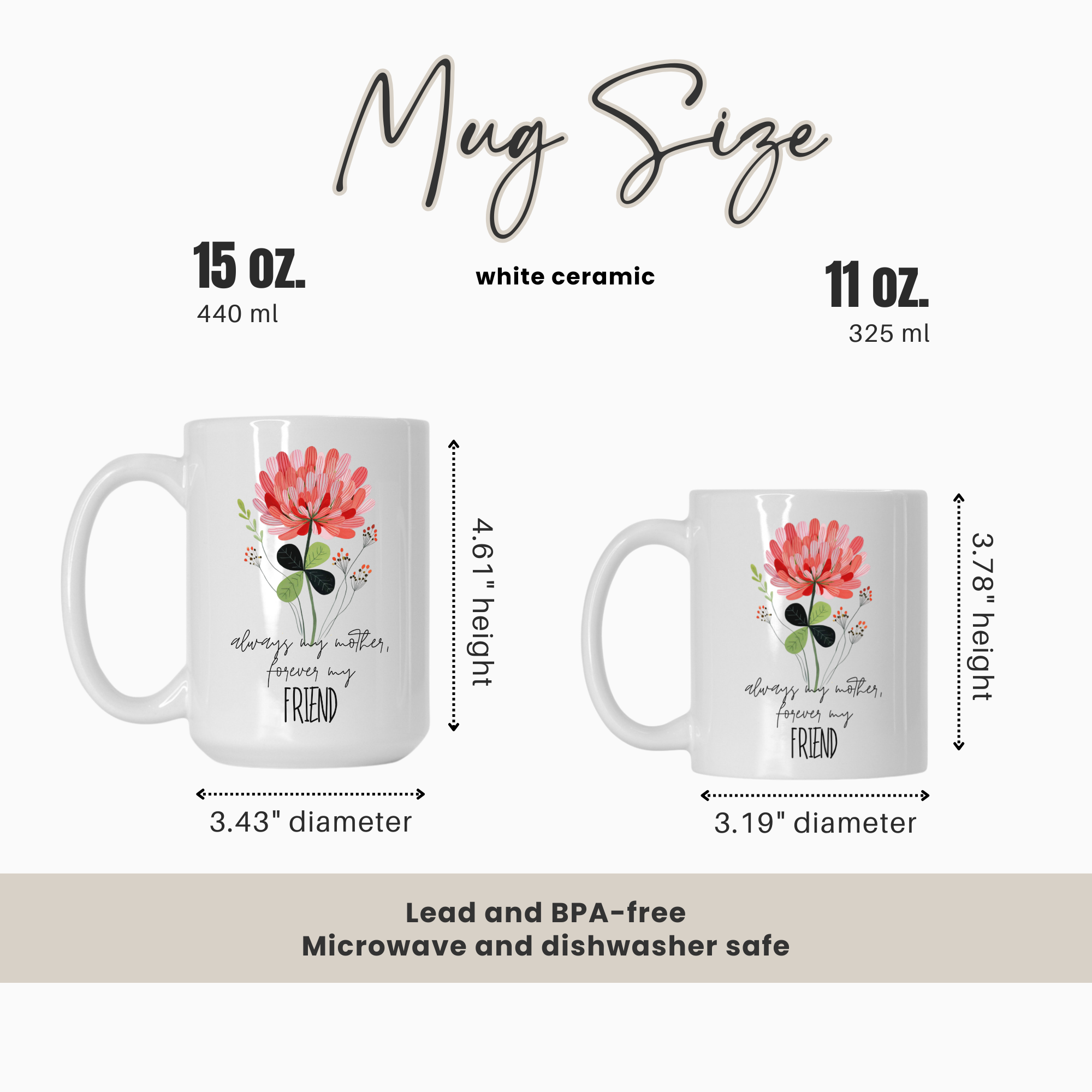 Comparison of a 15oz & 11oz mugs with floral design and text, showing size differences.