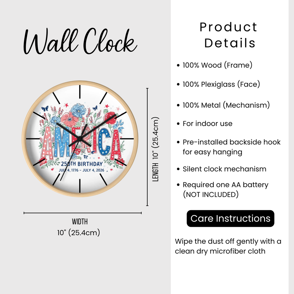 Wall clock with decorative design and product details on a white background