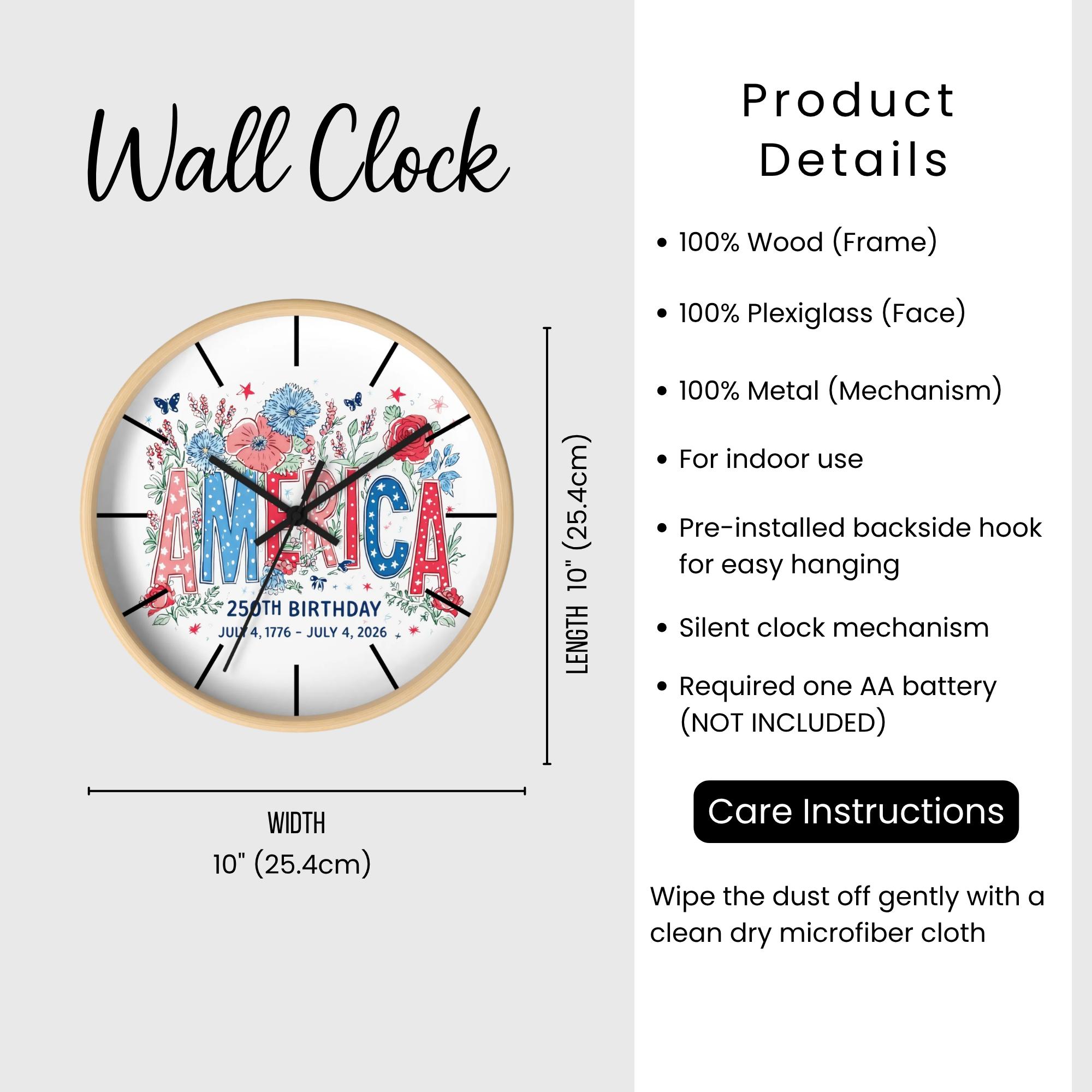 Wall clock with decorative design and product details on a white background