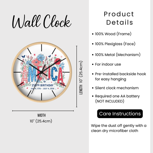 Wall clock with decorative design and product details on a white background
